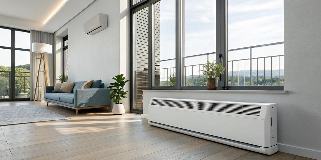 A fan coil unit installed under a window, providing heating and cooling for a home.