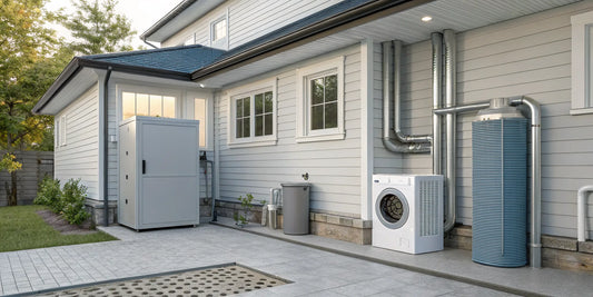 A residential make-up air unit installed on a house to improve indoor air quality.