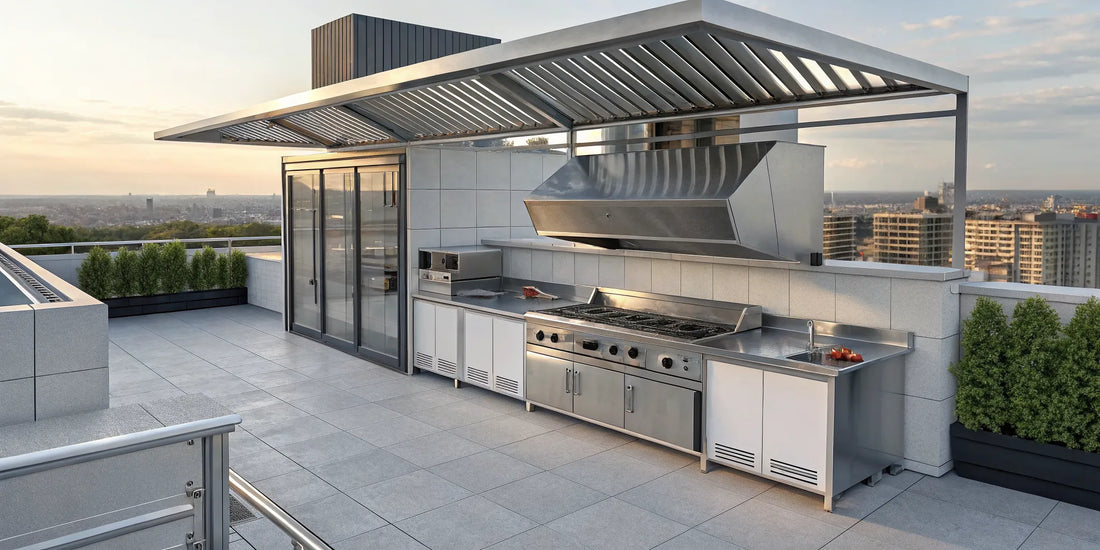 Rooftop restaurant MUA system with an exhaust hood and stainless steel ductwork.