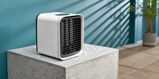 A compact air cooler fan providing energy-efficient evaporative cooling.