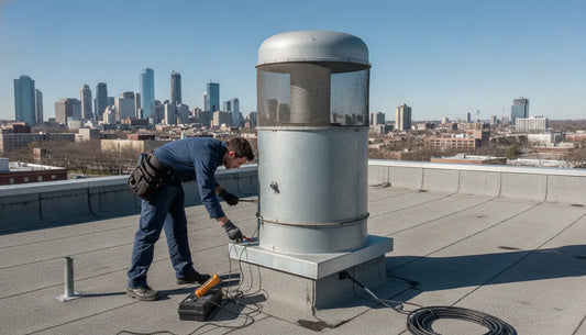 Rooftop-mounted commercial upblast exhaust fan venting a restaurant kitchen