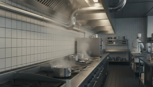 Commercial kitchen ventilation hood with ductwork in a professional restaurant kitchen