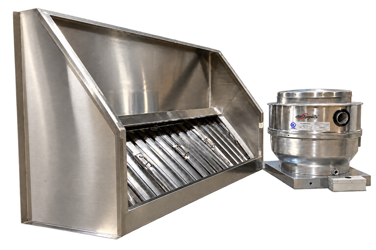 Airsupply 6 ft Type I stainless steel exhaust hood and E-DUC1010 2050 CFM upblast fan kit